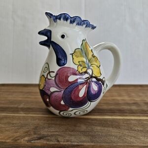 Vintage Fabbro Italian Rooster Pitcher Hand Painted Ceramic Floral 5.5 Inches